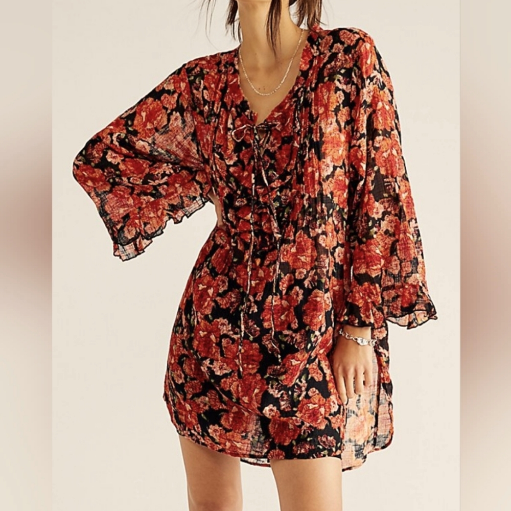 Free People Black and Red Floral Long Sleeve Dress